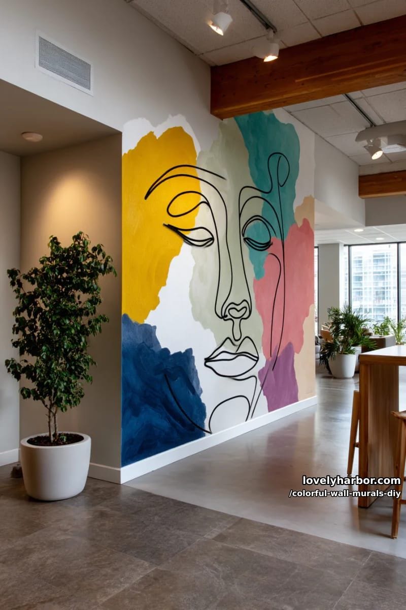 abstract face line art mural with color splashes as backgrounds 1