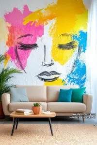 abstract face line art mural with color splashes a 52
