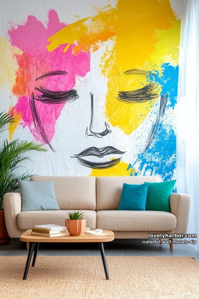 abstract face line art mural with color splashes as backgrounds 52