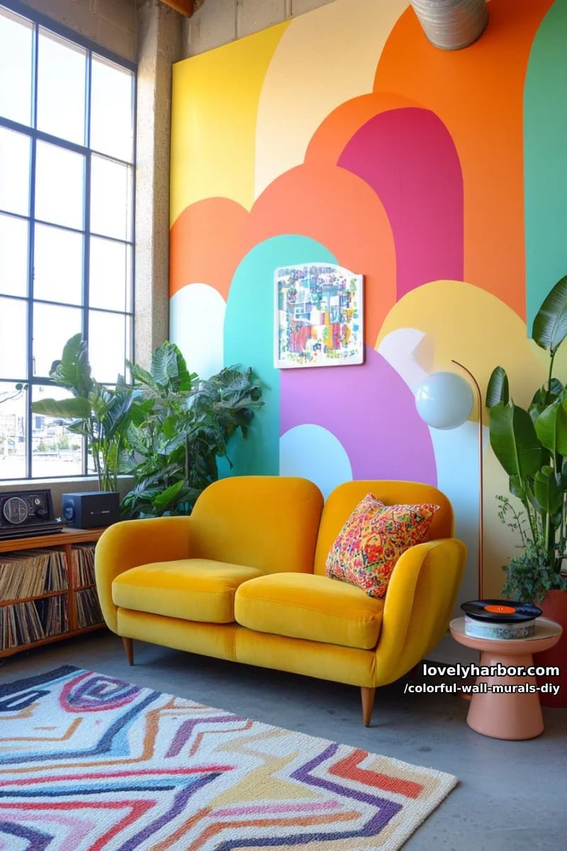 abstract rainbow arches with color-blocked shapes in retro palettes 1