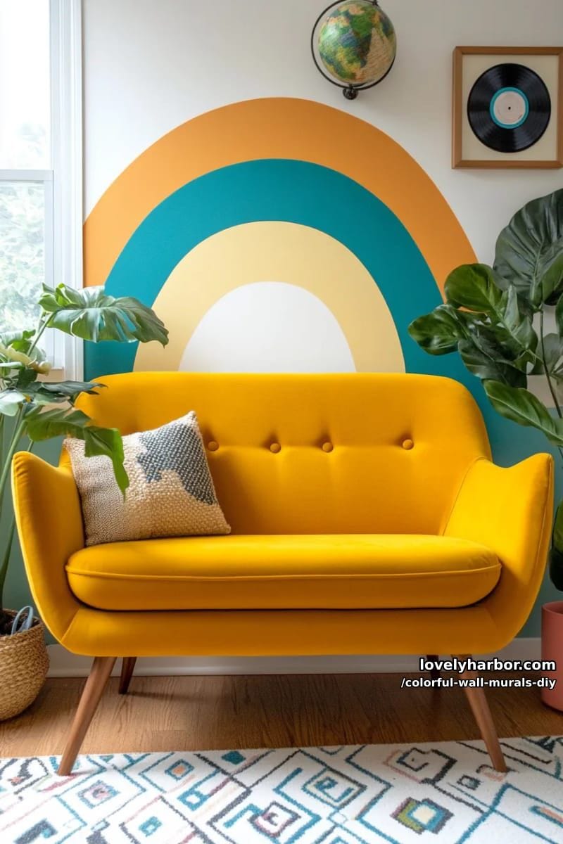 abstract rainbow arches with color-blocked shapes in retro palettes 1