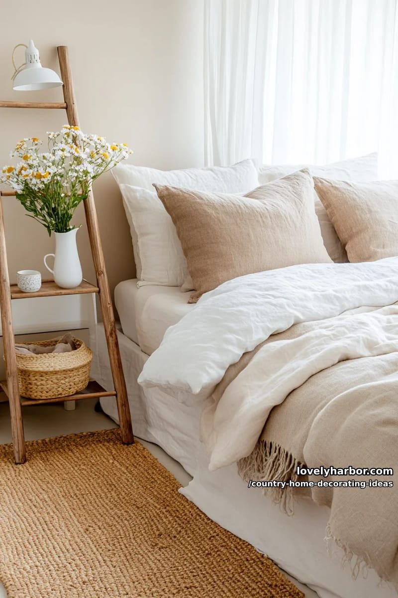 accent a neutral bedroom with linen bedding and woven jute rugs for warmth. 1