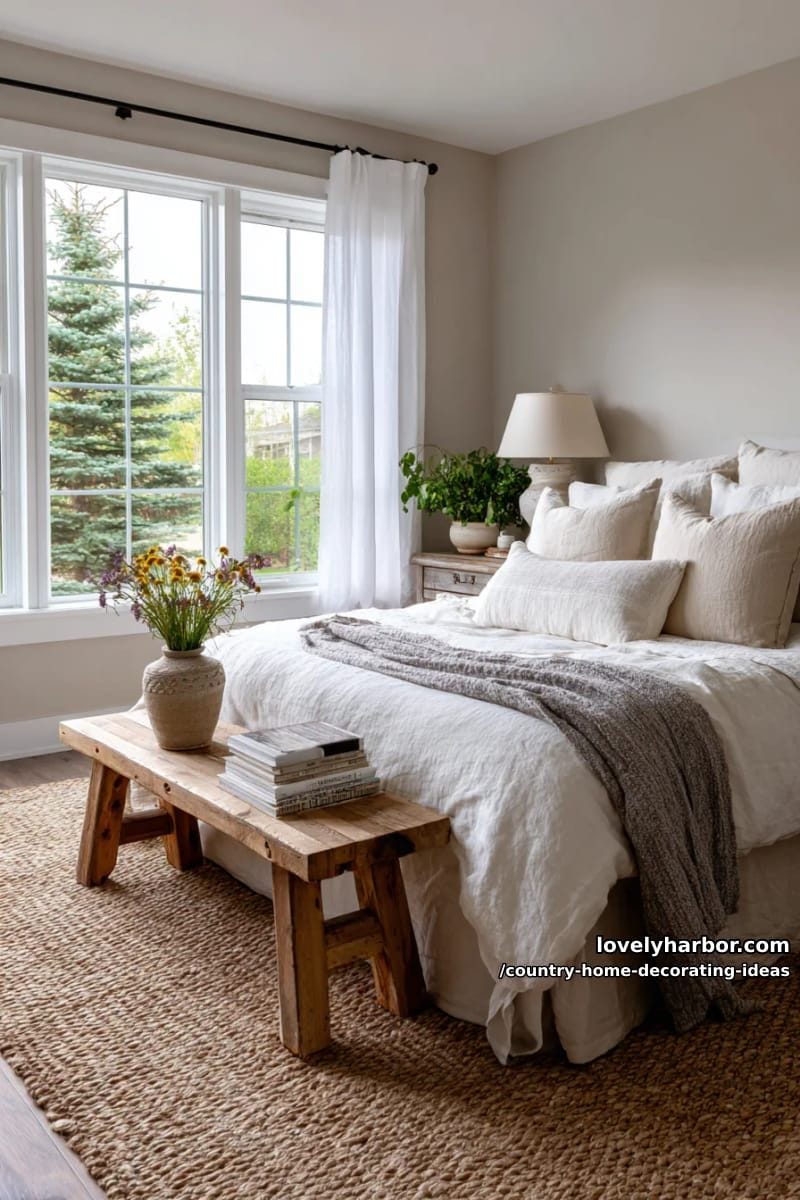 accent a neutral bedroom with linen bedding and woven jute rugs for warmth. 1