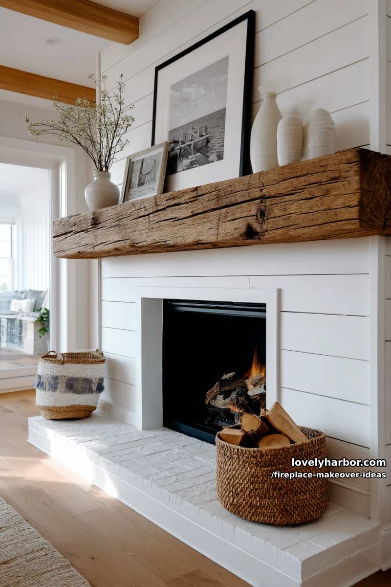 15 ideias inovadoras para reforma de lareira para uma sala de estar elegante 6 adicione um manto robusto de madeira natural para contrastar com as paredes brancas do shiplap. 1