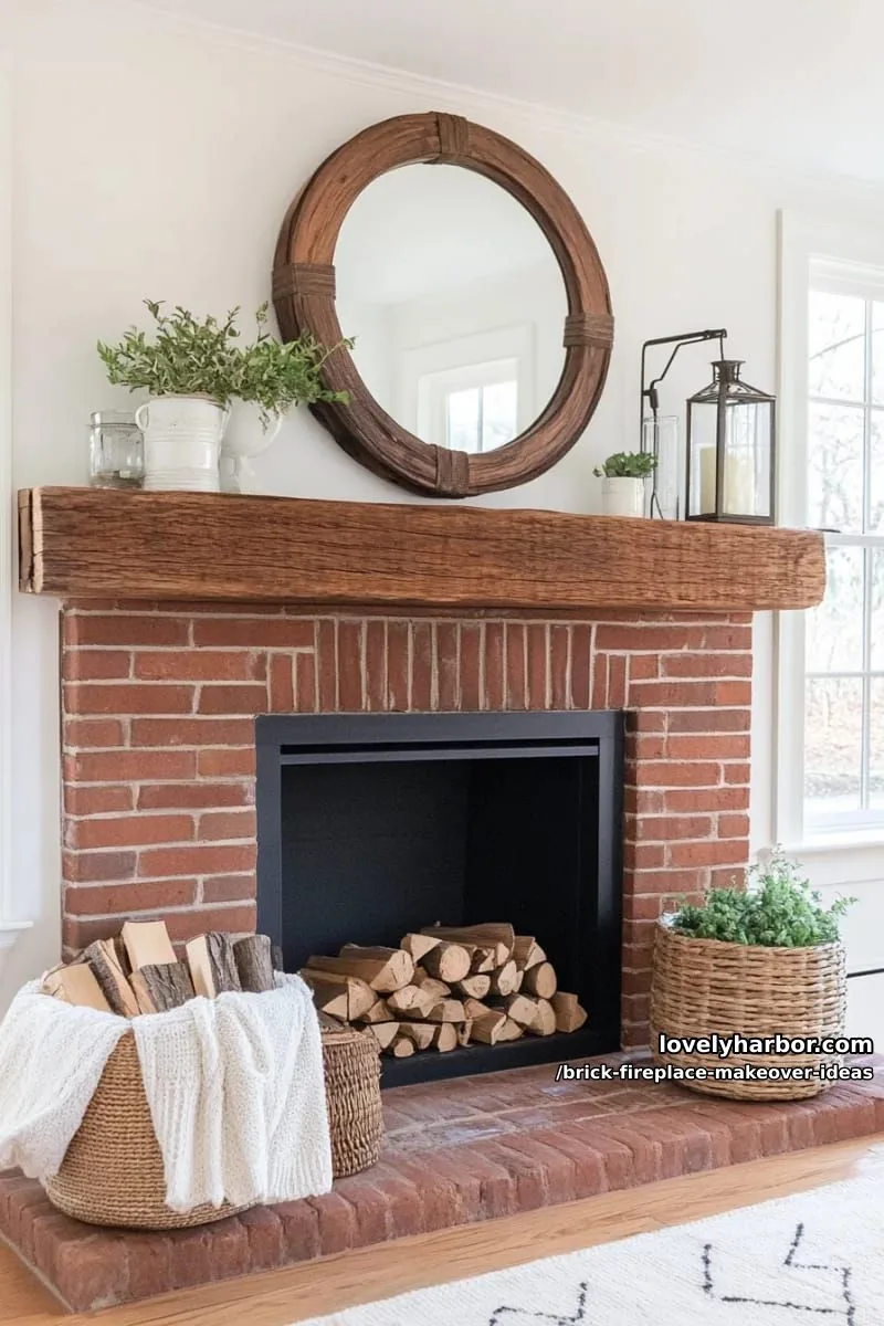 add a rustic wooden mantle above your brick fireplace for farmhouse charm. 1