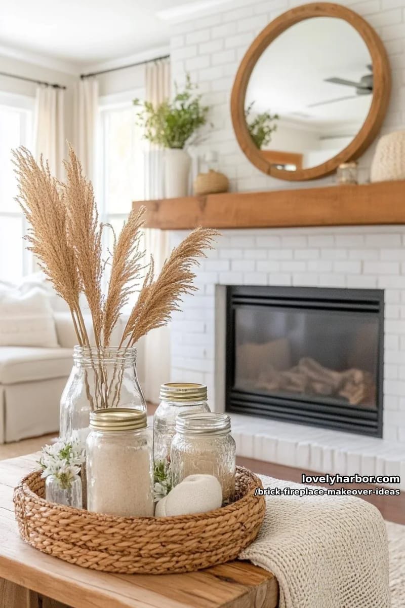 add a rustic wooden mantle above your brick fireplace for farmhouse charm. 1