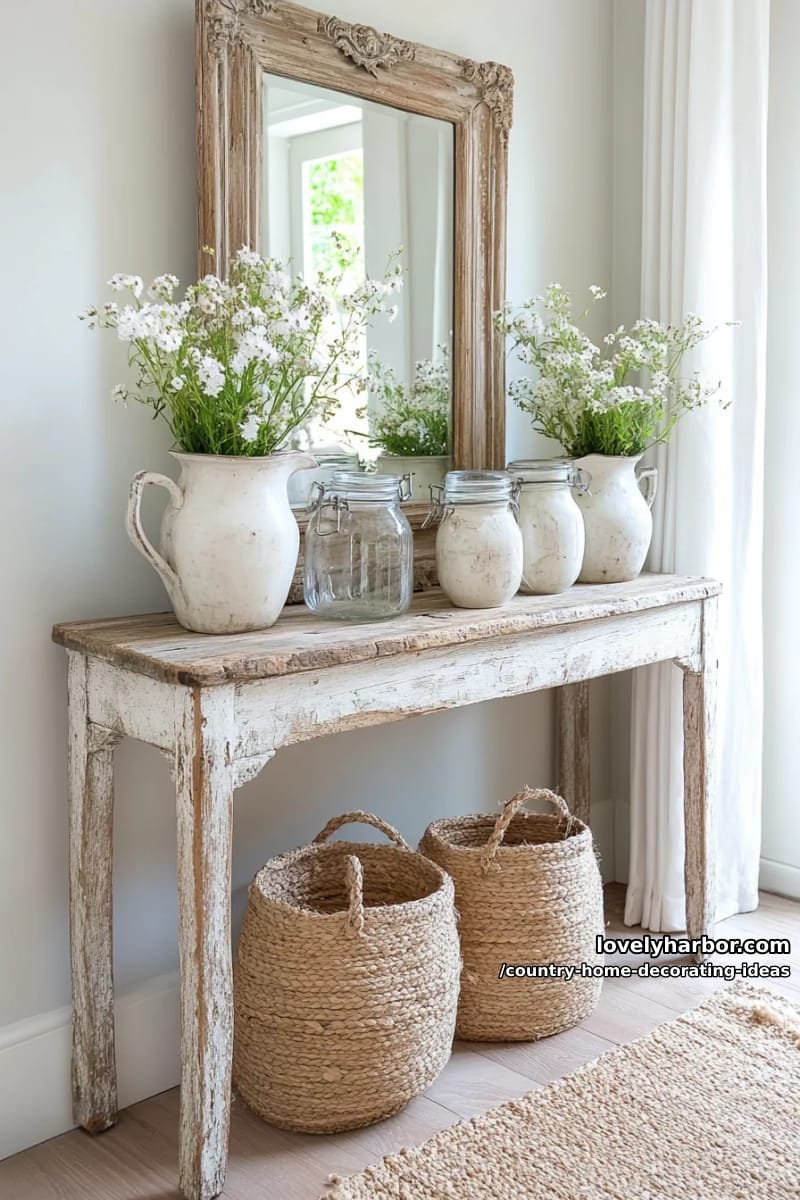 add farmhouse charm by using antique mirrors above distressed wood console tables. 1