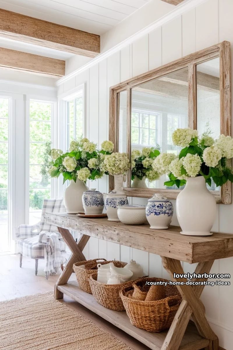 add farmhouse charm by using antique mirrors above distressed wood console tables. 1