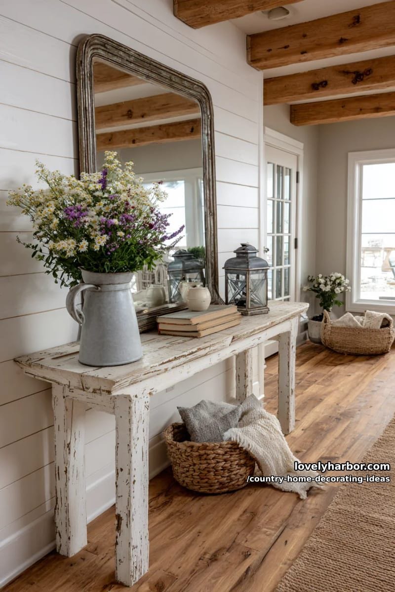 add farmhouse charm by using antique mirrors above distressed wood console tables. 1