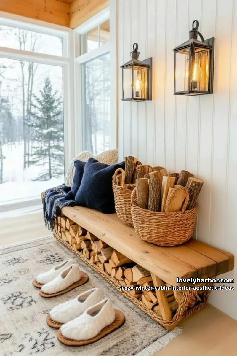 15 Cozy Winter Cabin Interior Ideas for an Aesthetic Retreat 30 add woven baskets of firewood and soft slippers near the entryway. 1