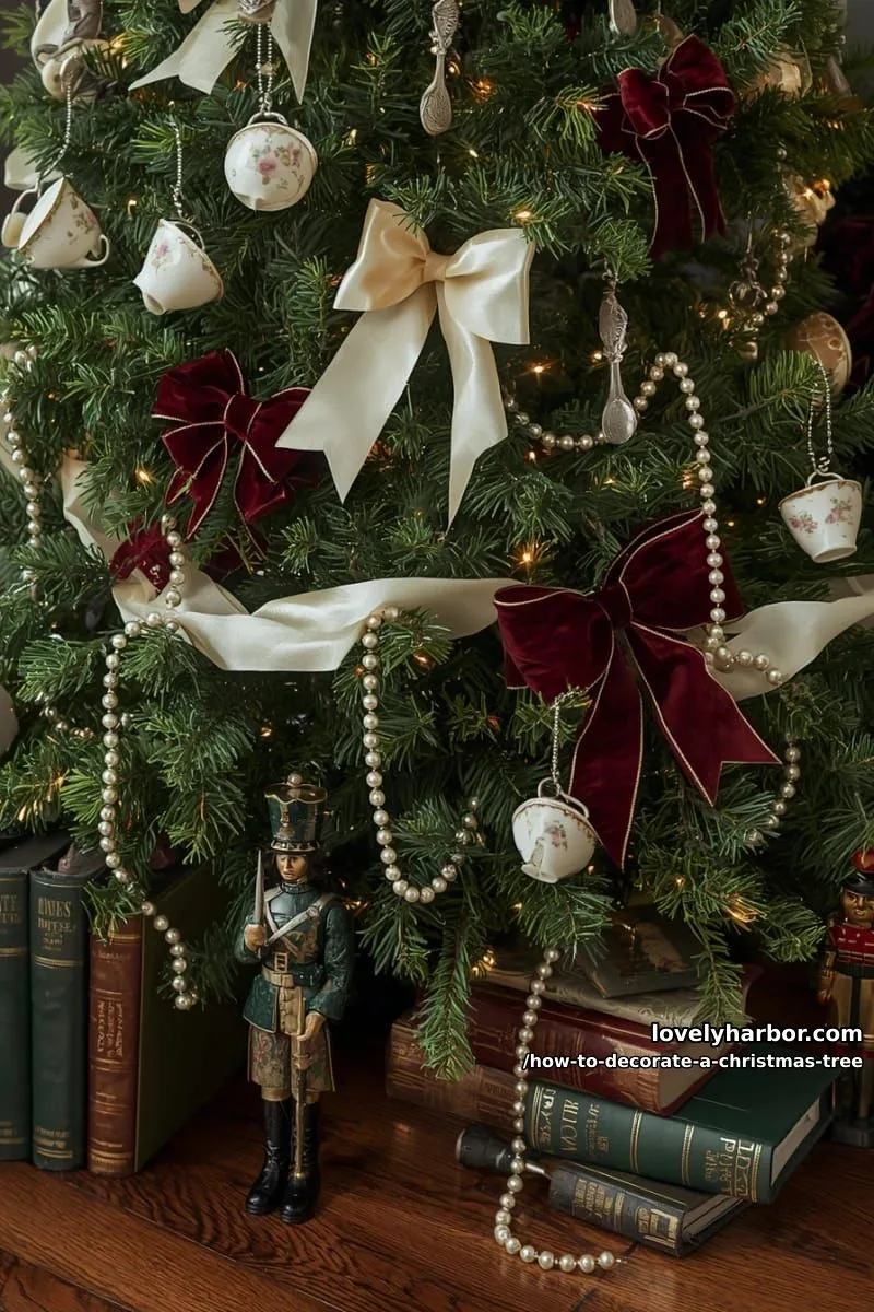 adding vintage teacups, teaspoons, and plush velvet bows for charm and nostalgia 1