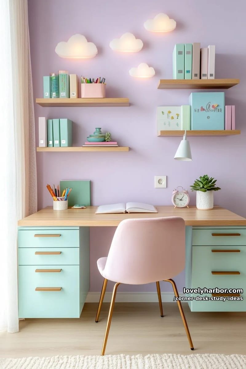 aesthetic pastel corner study area with cloud-shaped led lights 1