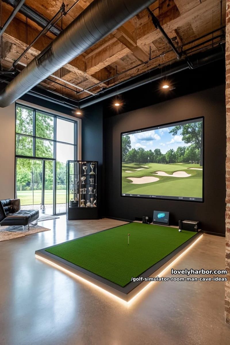 all-black modern simulator space with led floor guides and glass trophy case 1