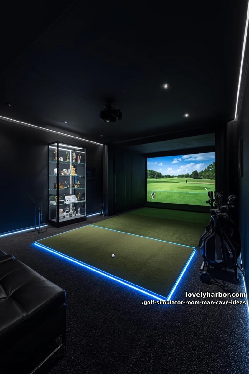 all-black modern simulator space with led floor guides and glass trophy case 1