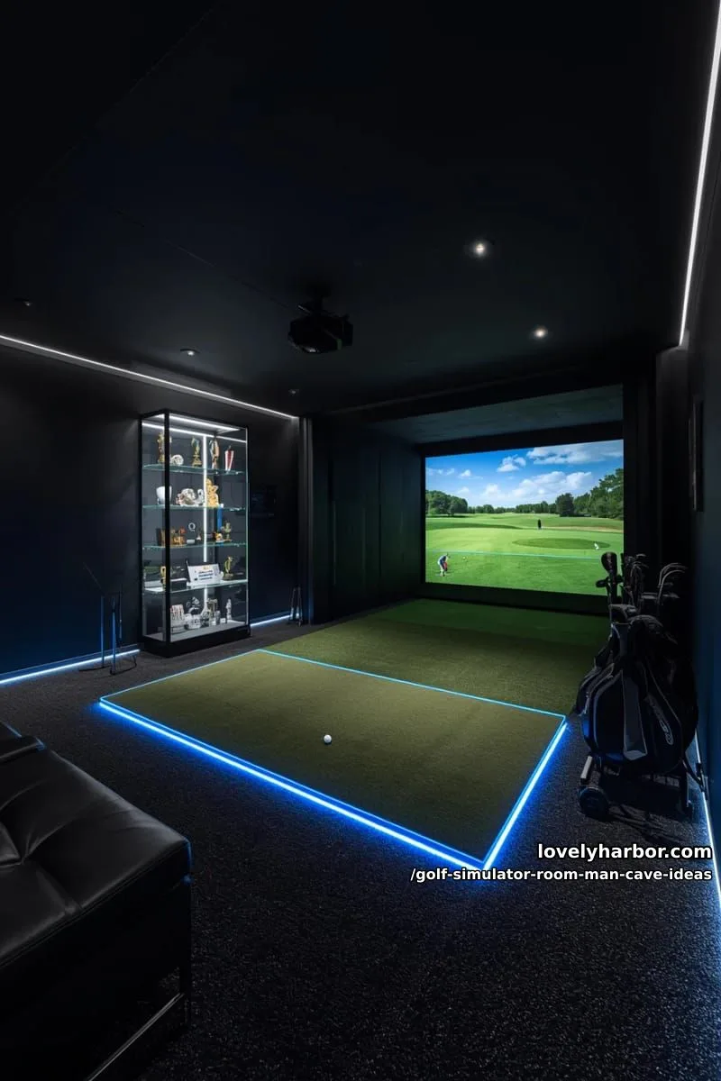 15 Cool Man Cave with Golf Simulator Room 7 all-black modern simulator space with led floor guides and glass trophy case 1
