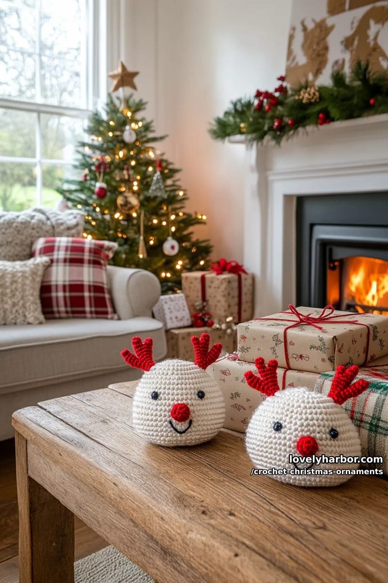 amigurumi reindeer faces with sparkly antler embroidery and red pom-pom noses 1