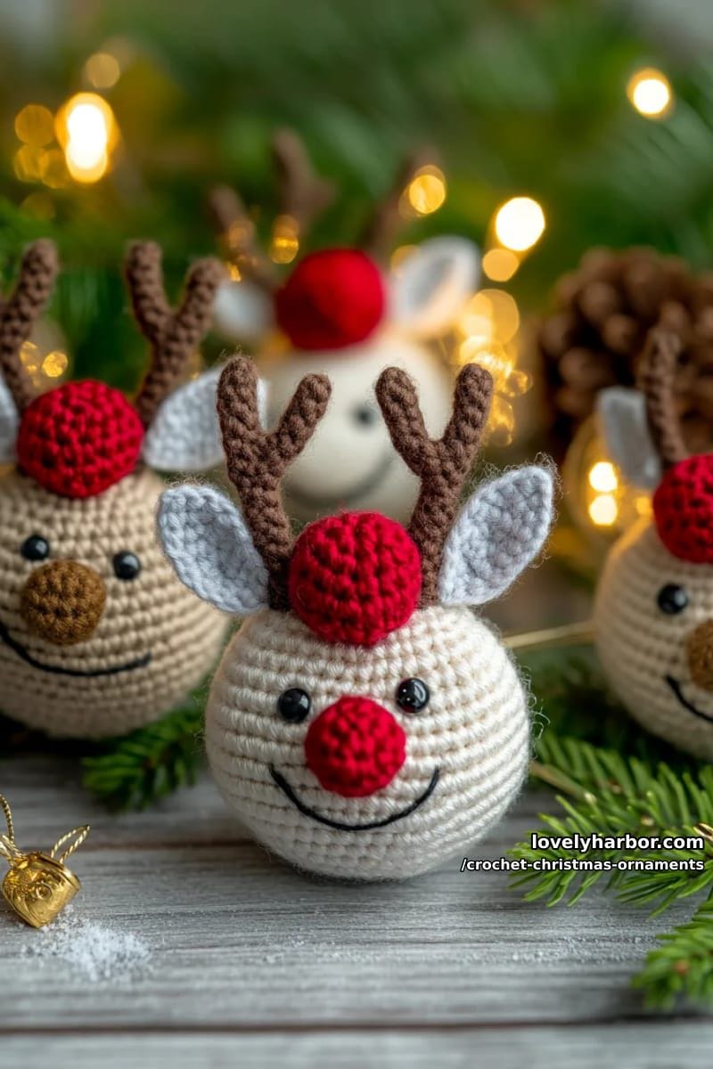amigurumi reindeer faces with sparkly antler embroidery and red pom-pom noses 1