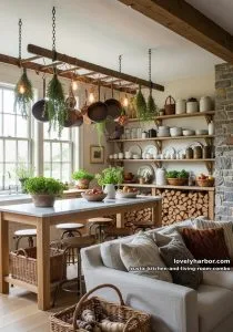 antique ladder used as pot rack above a marble top 28