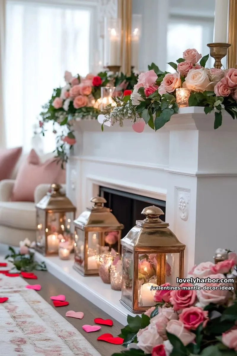 antique lanterns filled with red fairy lights and silk flower petals 1
