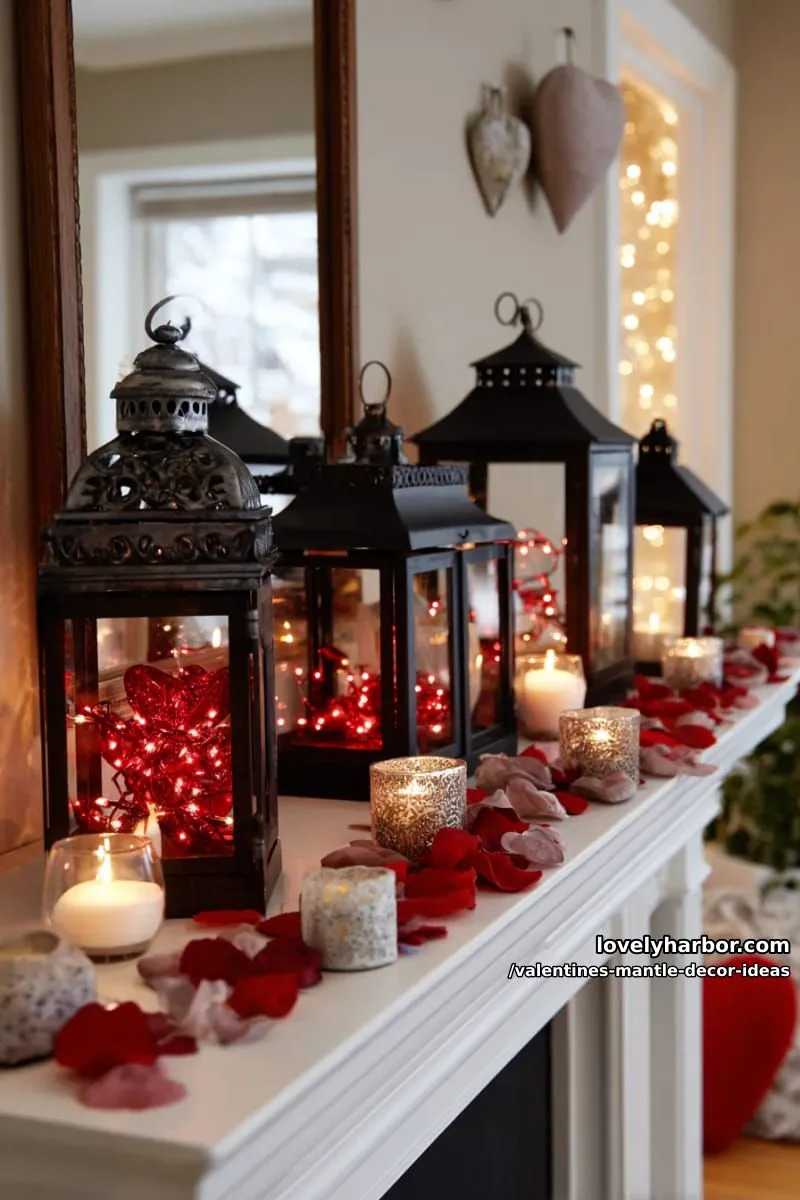 antique lanterns filled with red fairy lights and silk flower petals 1