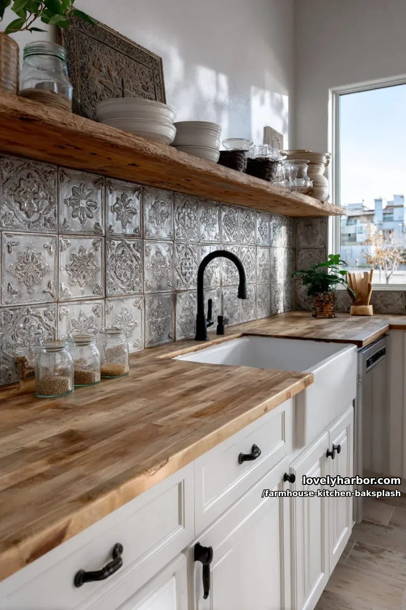 antique tin tile backsplash for a unique farmhouse accent wall 1