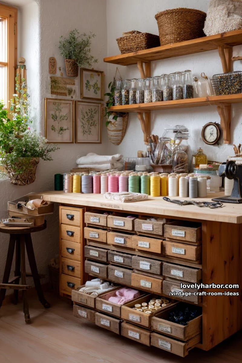 apothecary-style drawer cabinet for storing colorful ribbons, threads, and vintage buttons 1