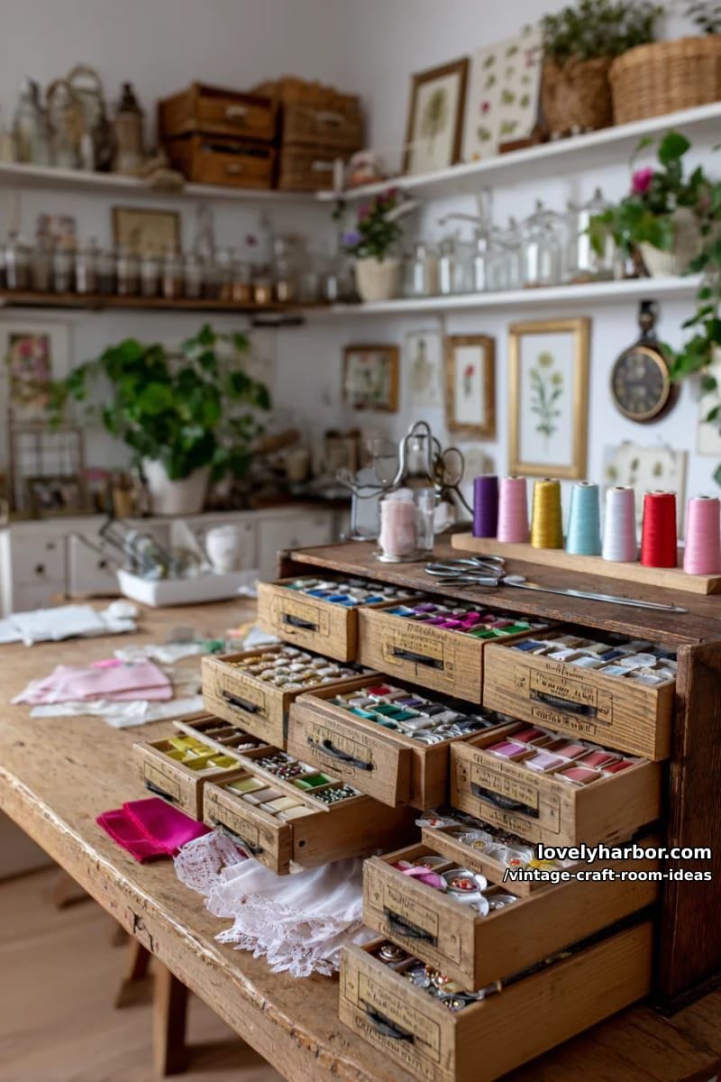 apothecary-style drawer cabinet for storing colorful ribbons, threads, and vintage buttons 1