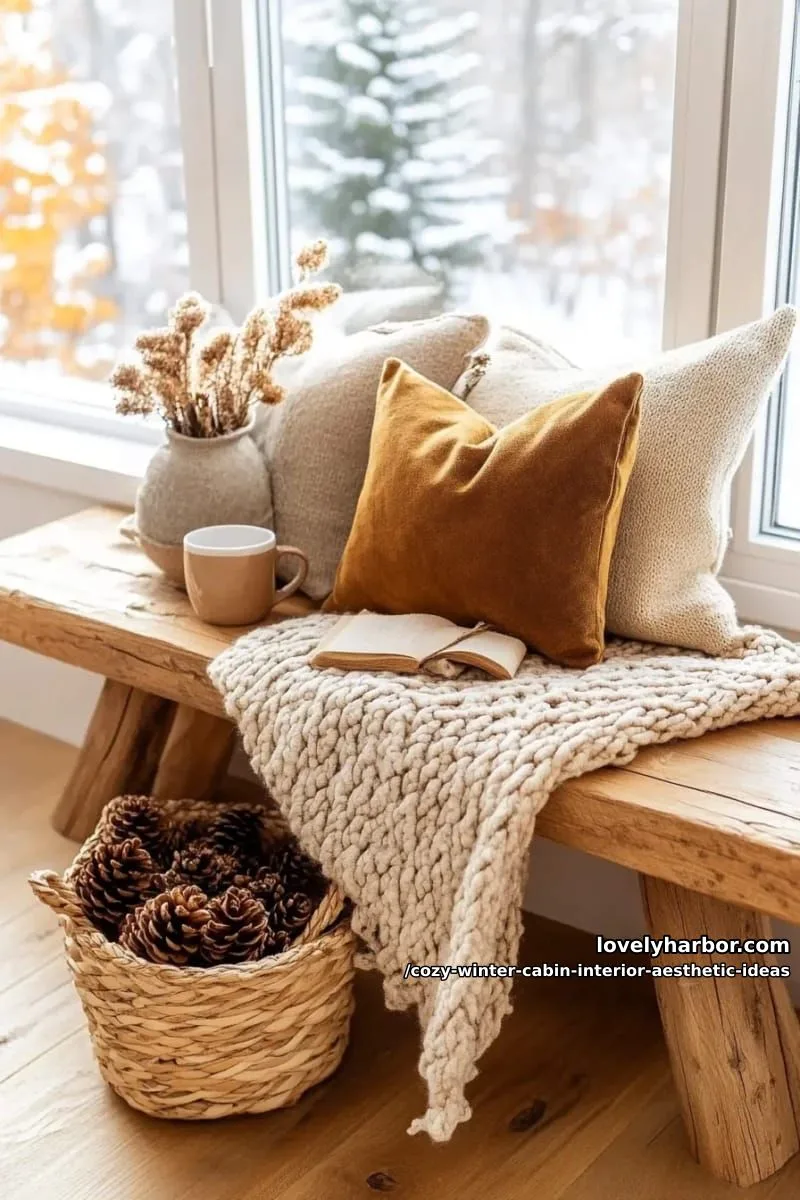 15 Cozy Winter Cabin Interior Ideas for an Aesthetic Retreat 38 arrange a plush window bench with layers of textured, earth-toned pillows. 1
