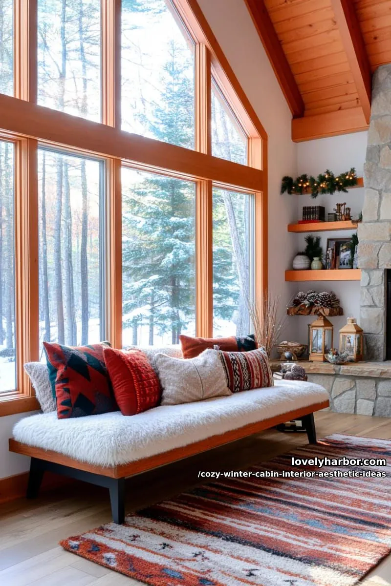 15 Cozy Winter Cabin Interior Ideas for an Aesthetic Retreat 39 arrange a plush window bench with layers of textured, earth-toned pillows. 1
