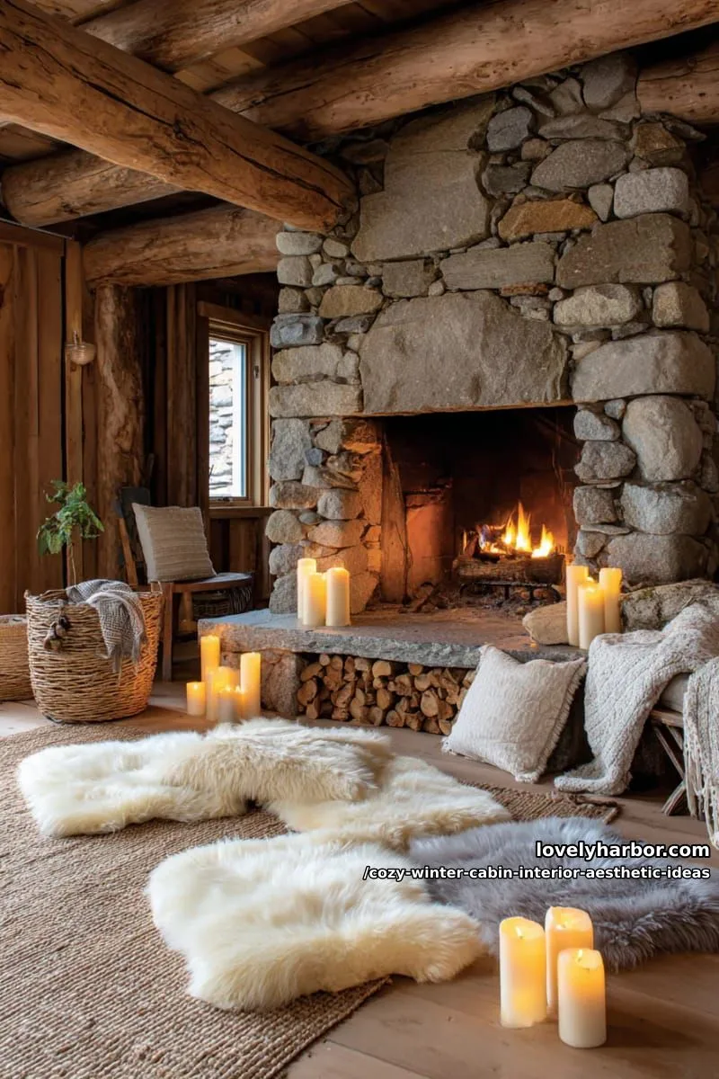 15 Cozy Winter Cabin Interior Ideas for an Aesthetic Retreat 3 arrange faux fur rugs around a stone fireplace with glowing candles. 1
