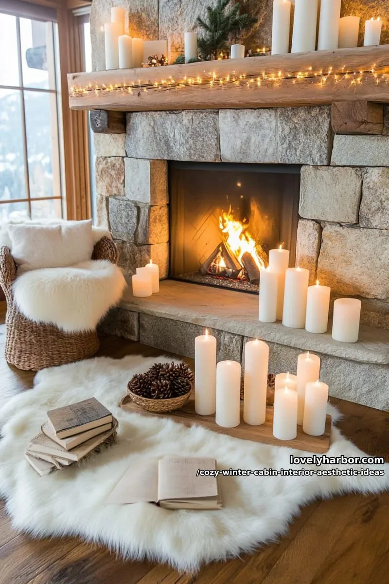 15 Cozy Winter Cabin Interior Ideas for an Aesthetic Retreat 4 arrange faux fur rugs around a stone fireplace with glowing candles. 1