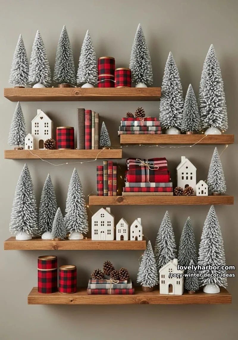 15 Winter Decor Ideas for a Cozy Home Retreat 27 arrange flocked mini trees on shelves with cozy plaid details. 1
