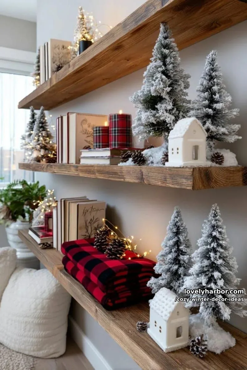 15 Winter Decor Ideas for a Cozy Home Retreat 28 arrange flocked mini trees on shelves with cozy plaid details. 1