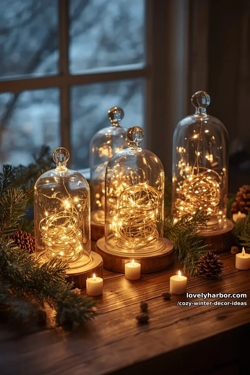 15 Winter Decor Ideas for a Cozy Home Retreat 2 arrange glowing fairy lights inside glass cloches for magical winter ambiance. 1