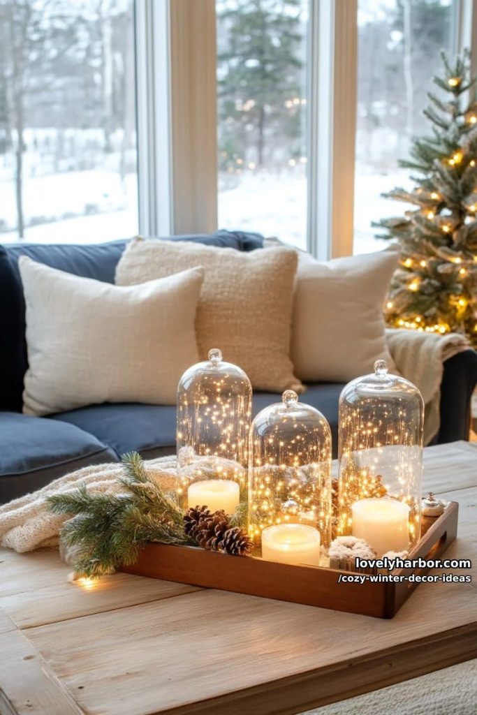 arrange glowing fairy lights inside glass cloches for magical winter ambiance. 3