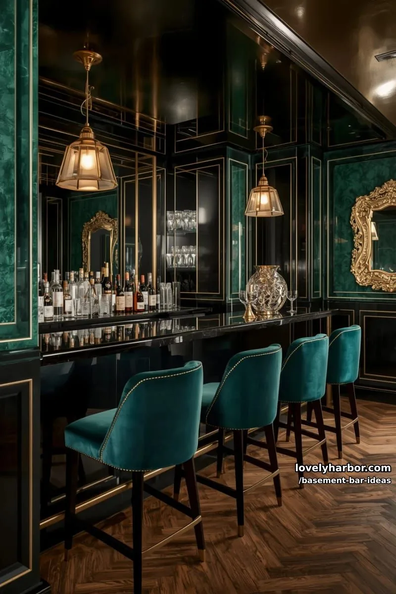 15 Modern Basement Bar Design Ideas for Comfy Entertaining 36 art deco-inspired basement bar with geometric wall panels, gold accents, and velvet chairs 1