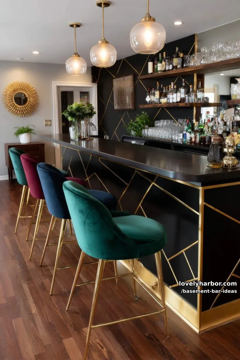 15 Modern Basement Bar Design Ideas for Comfy Entertaining 37 art deco-inspired basement bar with geometric wall panels, gold accents, and velvet chairs 1