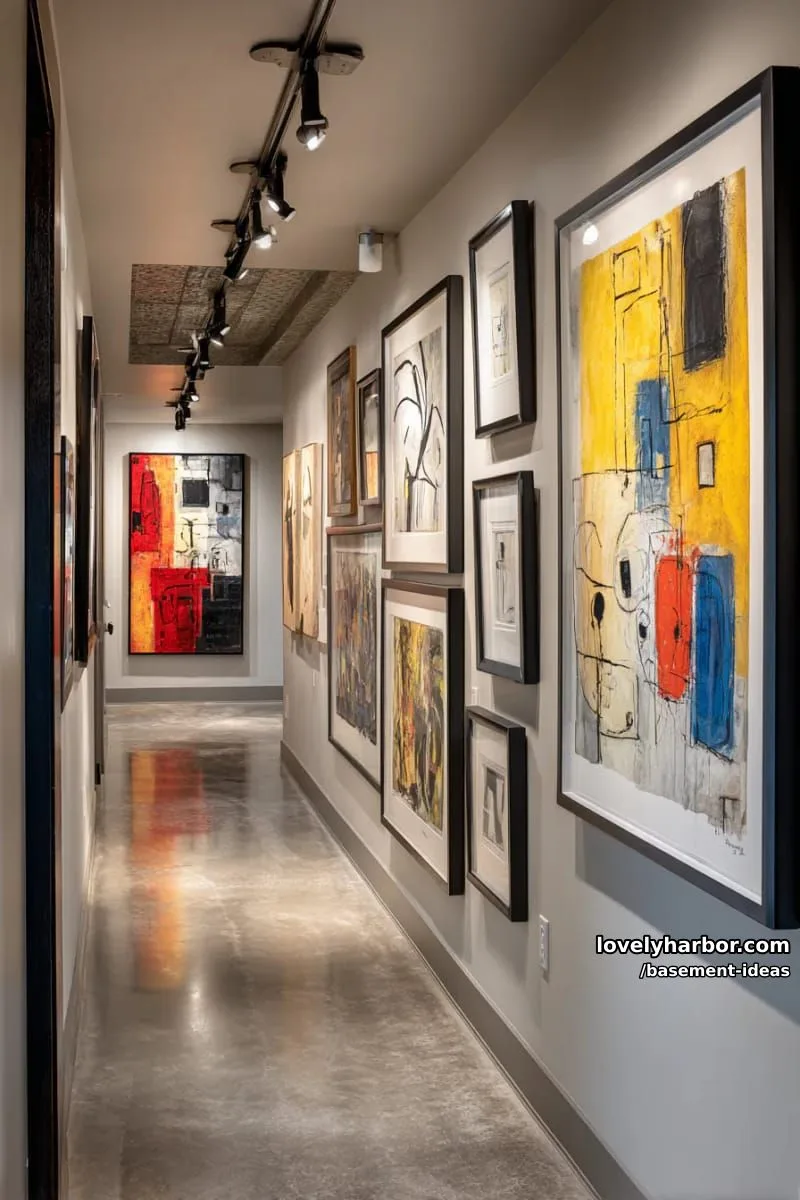 15 Creative Basement Design Ideas with Wow Factor 27 artistic gallery wall hallway with track lighting and bold statement art. 1