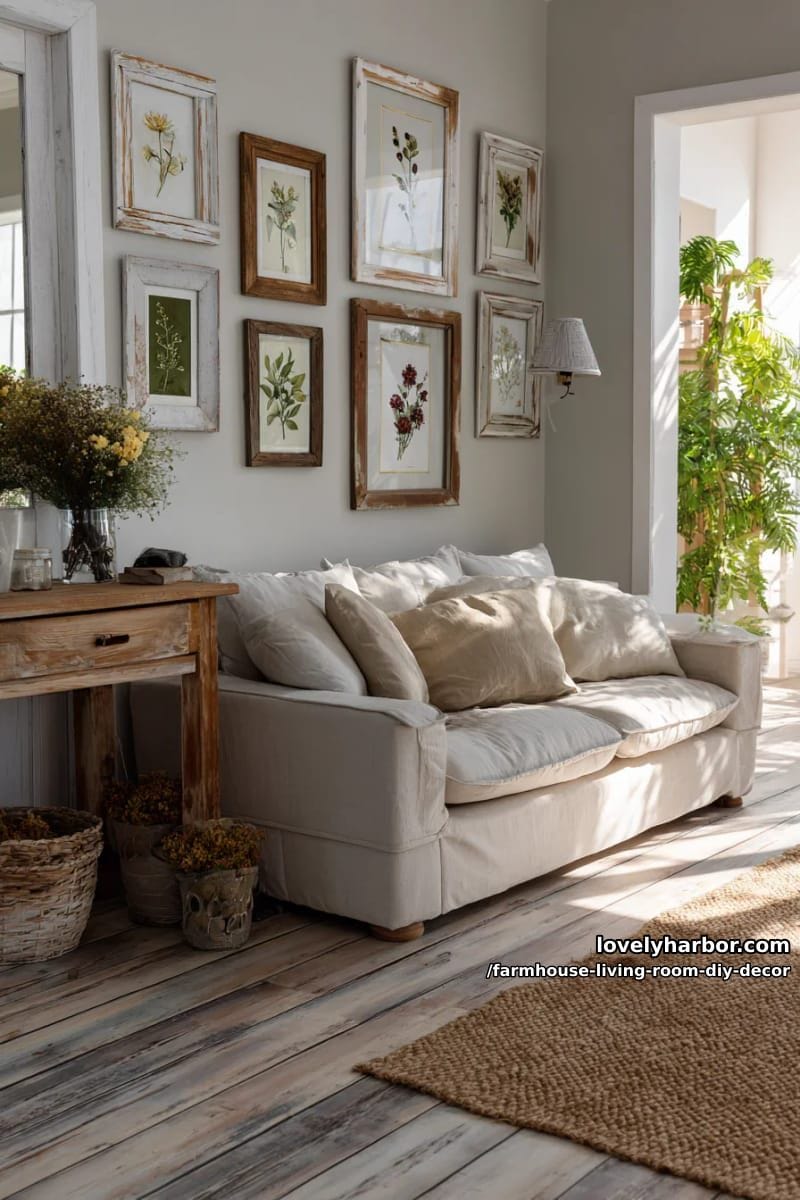 15 Farmhouse Living Room DIY Decor Ideas for a Cozy Space 6 assemble a gallery wall of mismatched rustic frames and botanical prints. 1