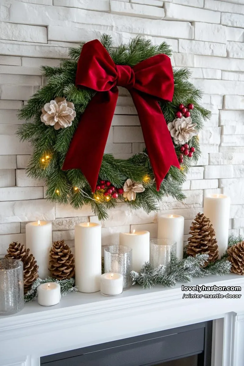 15 Stylish Winter Mantel Looks to Elevate Your Home 14 asymmetrical wreath with flocked greenery, pinecones, and a bold satin bow. 1