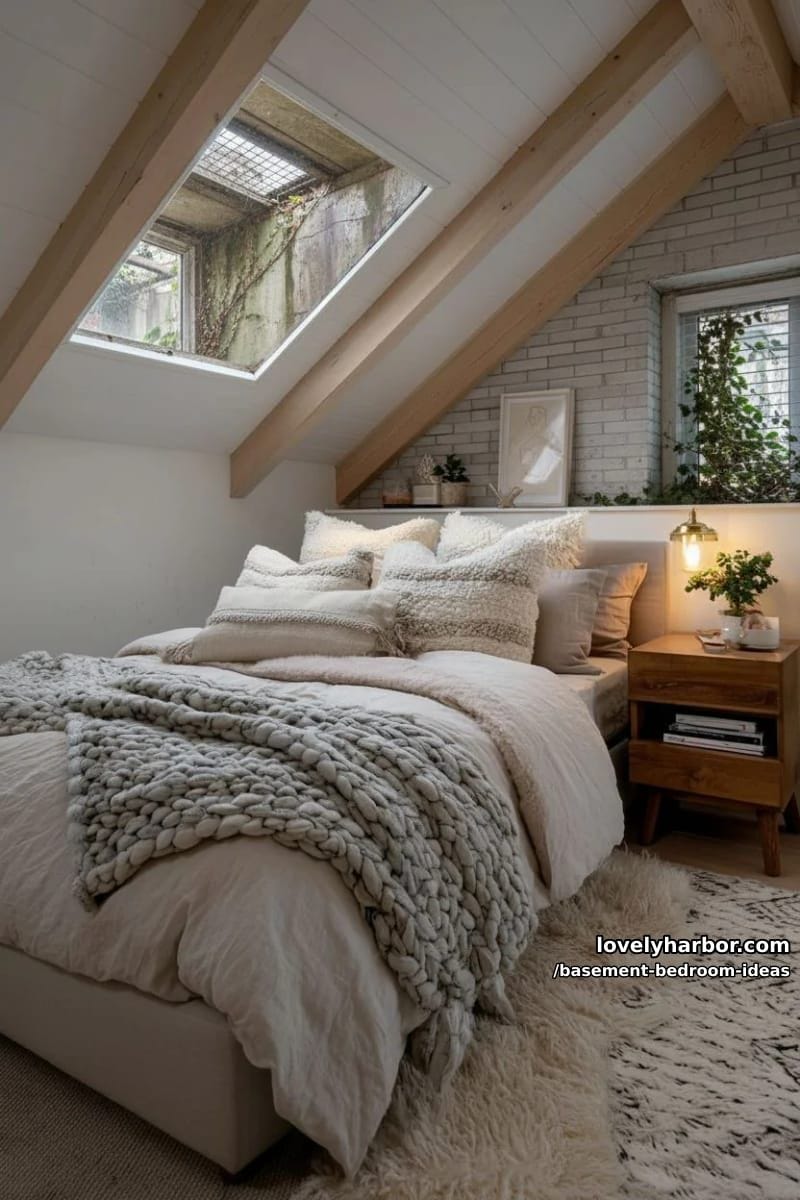 attic-style vibe with sloped ceiling, skylight window, and layered throw blankets 1