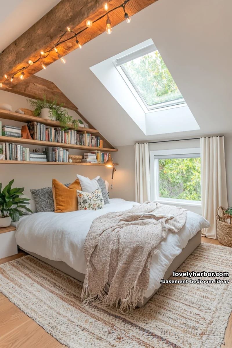 attic-style vibe with sloped ceiling, skylight window, and layered throw blankets 1