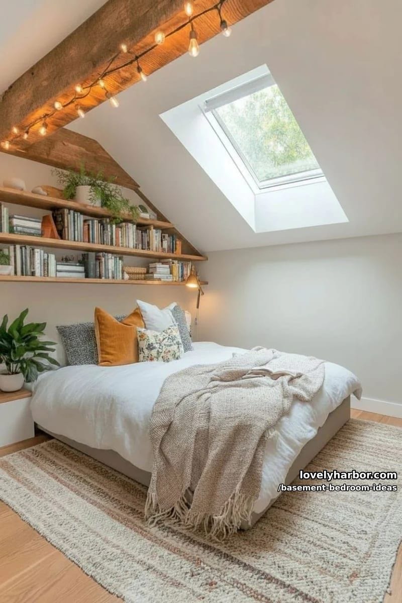 attic-style vibe with sloped ceiling, skylight window, and layered throw blankets 1