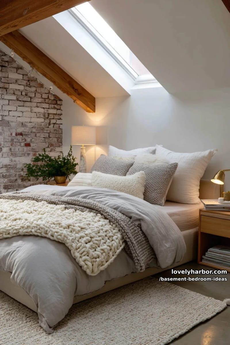 attic-style vibe with sloped ceiling, skylight window, and layered throw blankets 1