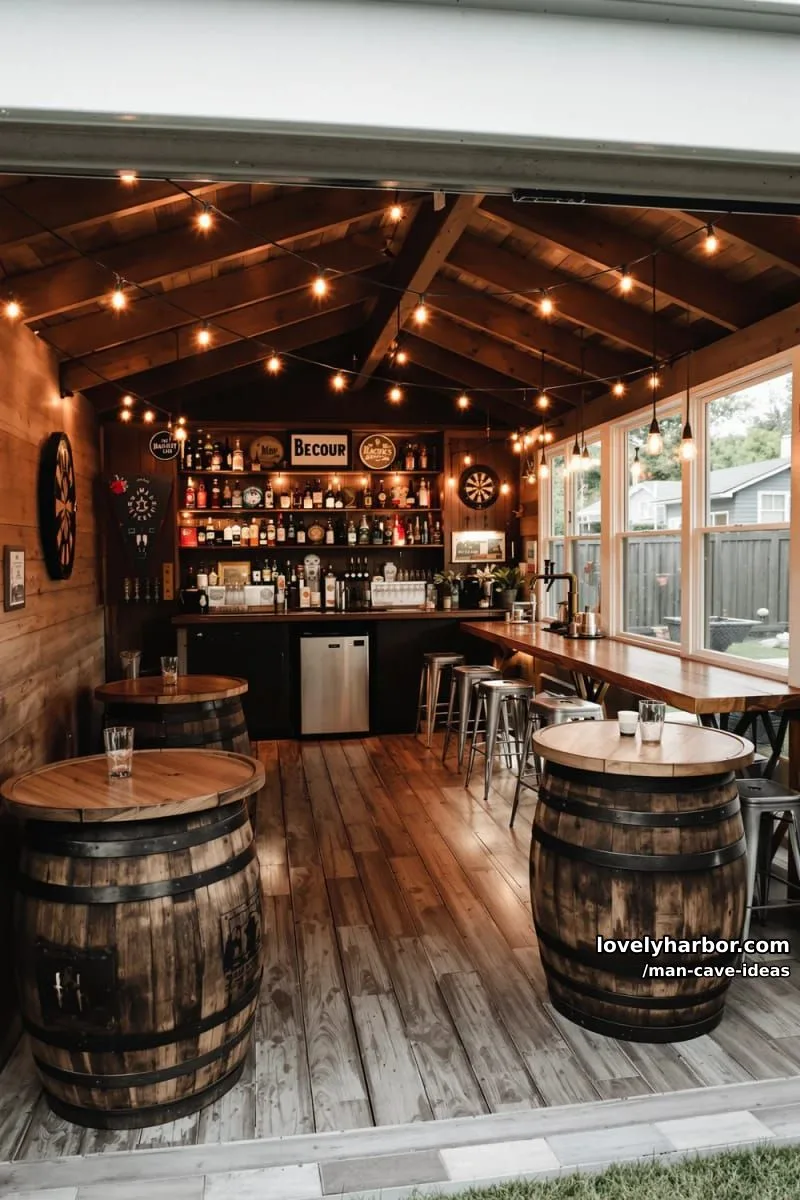15 Classy Man Cave Ideas to Personalize Your Space 32 backyard shed transformed into a private bar with barrel tables and string lights 1