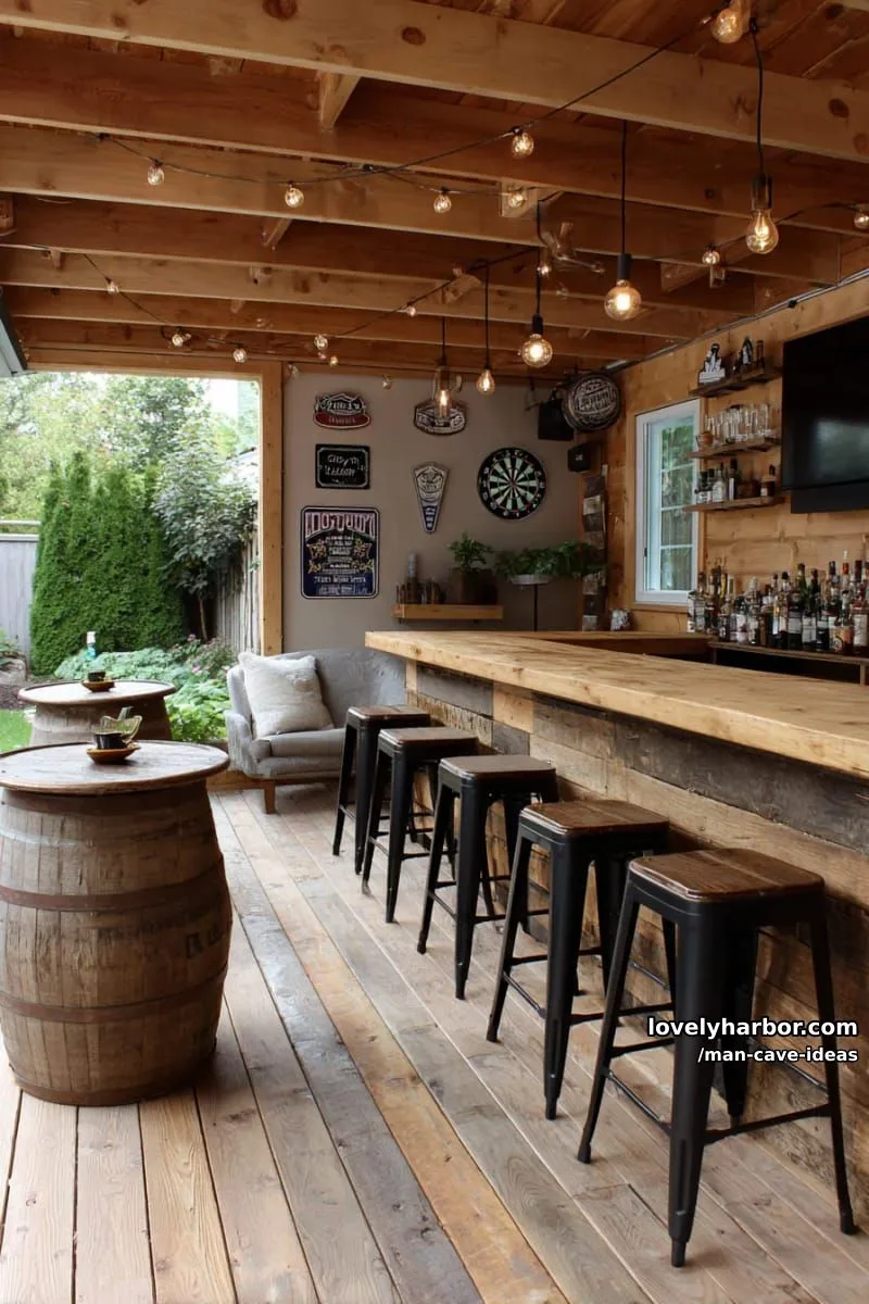 15 Classy Man Cave Ideas to Personalize Your Space 33 backyard shed transformed into a private bar with barrel tables and string lights 1