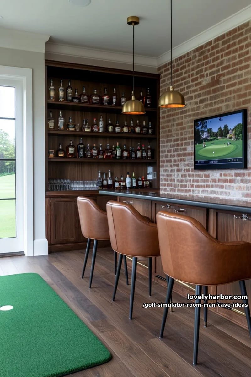 bar lounge golf den featuring whiskey shelves and leather club chairs 1