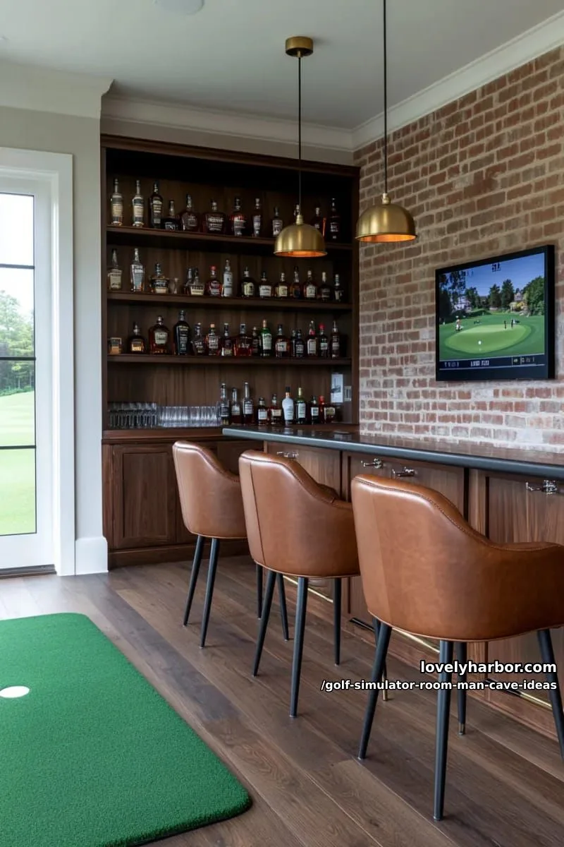 15 Cool Man Cave with Golf Simulator Room 13 bar lounge golf den featuring whiskey shelves and leather club chairs 1