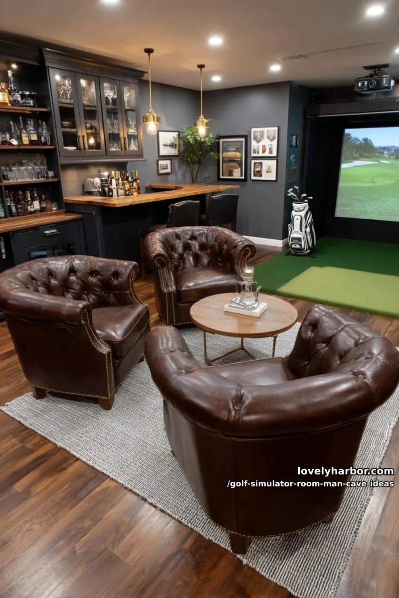 15 Cool Man Cave with Golf Simulator Room 14 bar lounge golf den featuring whiskey shelves and leather club chairs 1