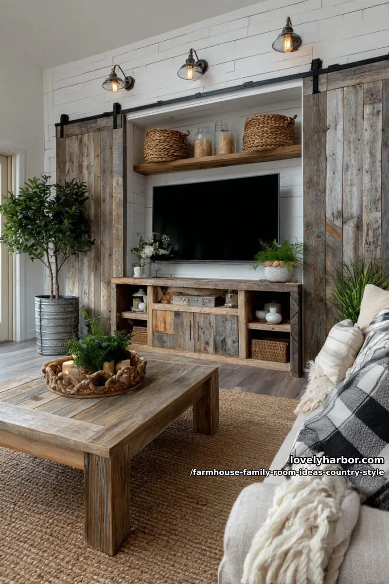 barn door entertainment center flanked by galvanized metal wall sconces 1